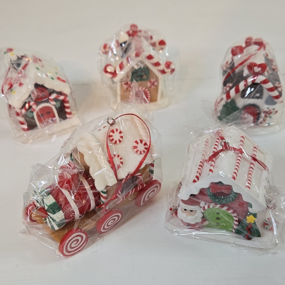 Gingerbread House and Train Hanging Ornaments set of 5